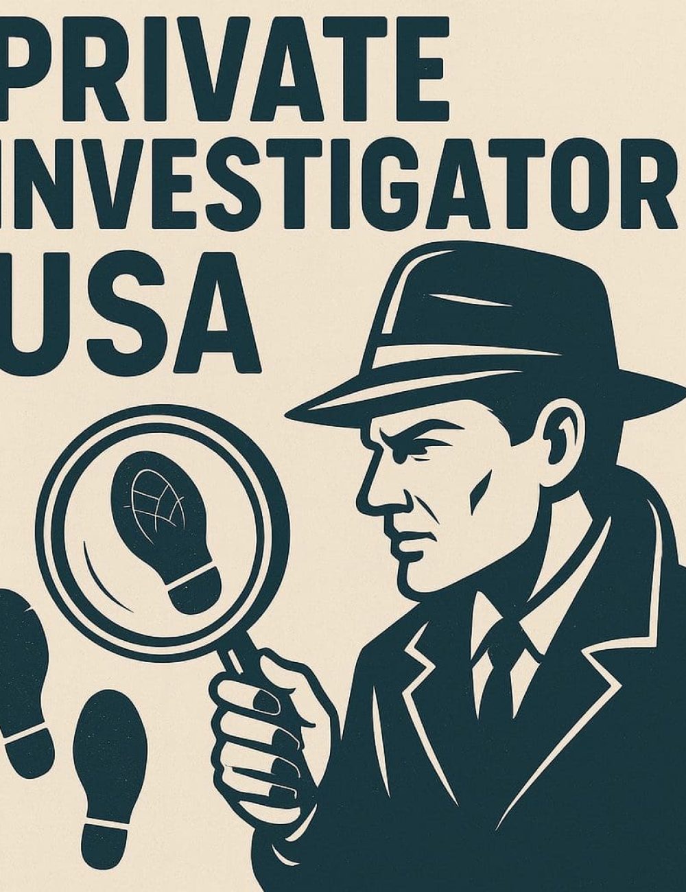 Private Investigator looking through magnifying glass in Private Investigator USA